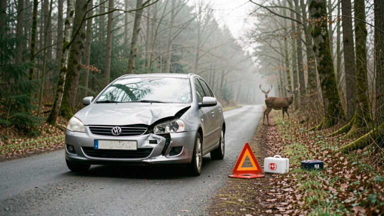 Voiture arrêtée sur une route forestière avec l'avant légèrement endommagé, un chevreuil à l'orée des arbres et un triangle de signalisation à proximité.