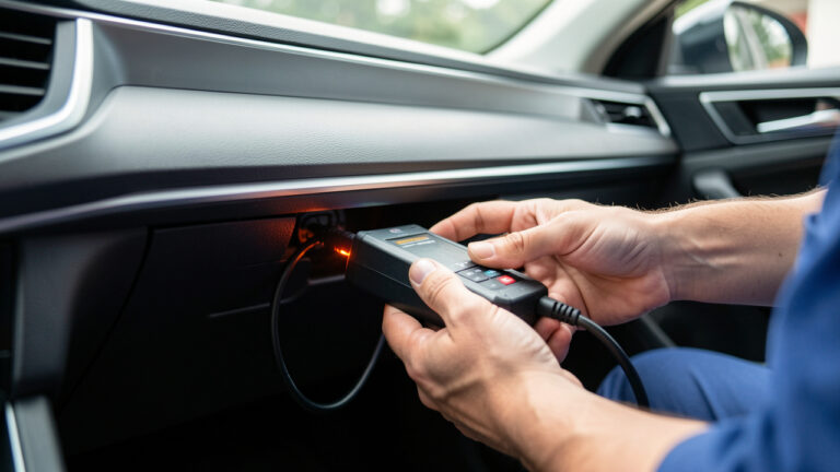 Adaptateur de diagnostic automobile connecté sous le tableau de bord d’une voiture pendant une opération d’entretien.