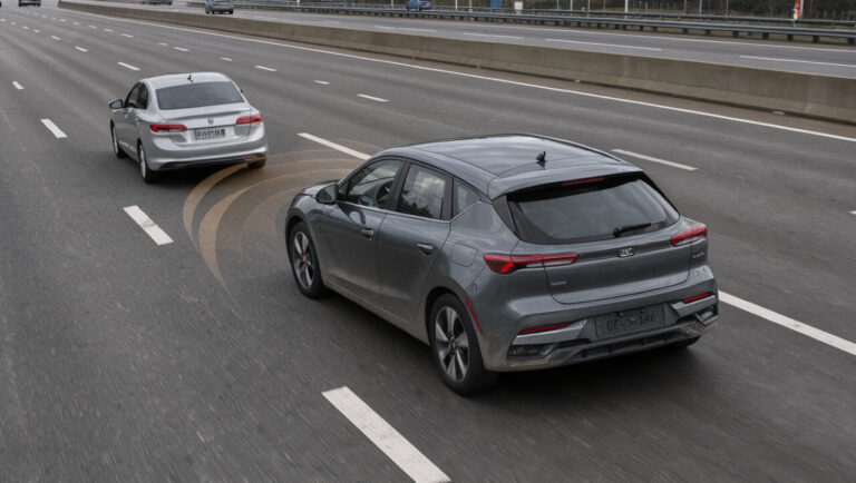 Voiture moderne changeant de voie en toute sécurité sur une autoroute, avec une visualisation lumineuse discrète de la zone d’angle mort et d’un véhicule voisin.