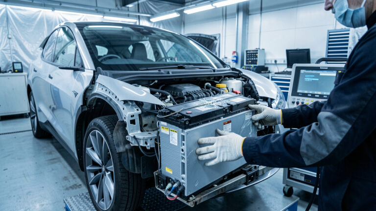 Inspection professionnelle de la batterie endommagée d’une voiture électrique dans un atelier automobile