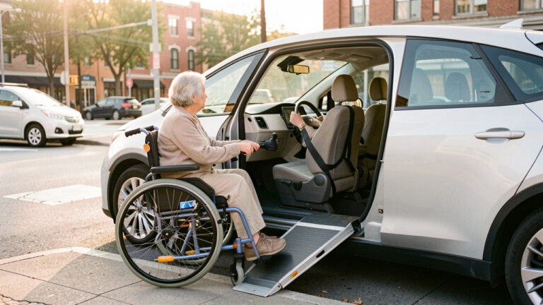 Une femme d’âge mûr en fauteuil roulant monte dans une voiture électrique adaptée grâce à une rampe d’accès, dans un espace urbain de mobilité partagée.
