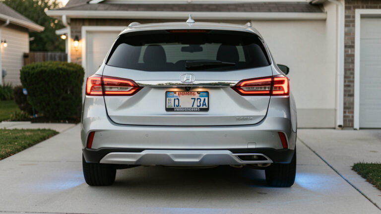 Vue arrière d'une voiture familiale équipée d'une caméra de recul dans une allée résidentielle lumineuse.