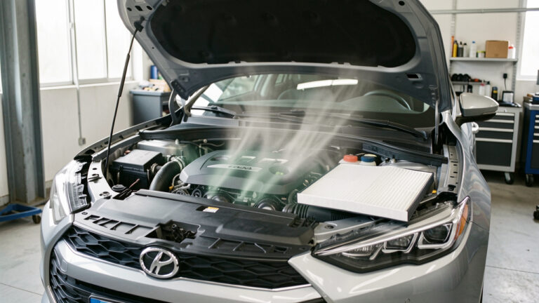 Filtres à air et d’habitacle propres présentés près du compartiment moteur ouvert d’une voiture moderne.