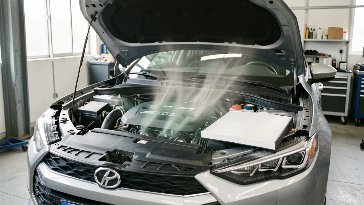Filtres à air et d’habitacle propres présentés près du compartiment moteur ouvert d’une voiture moderne.