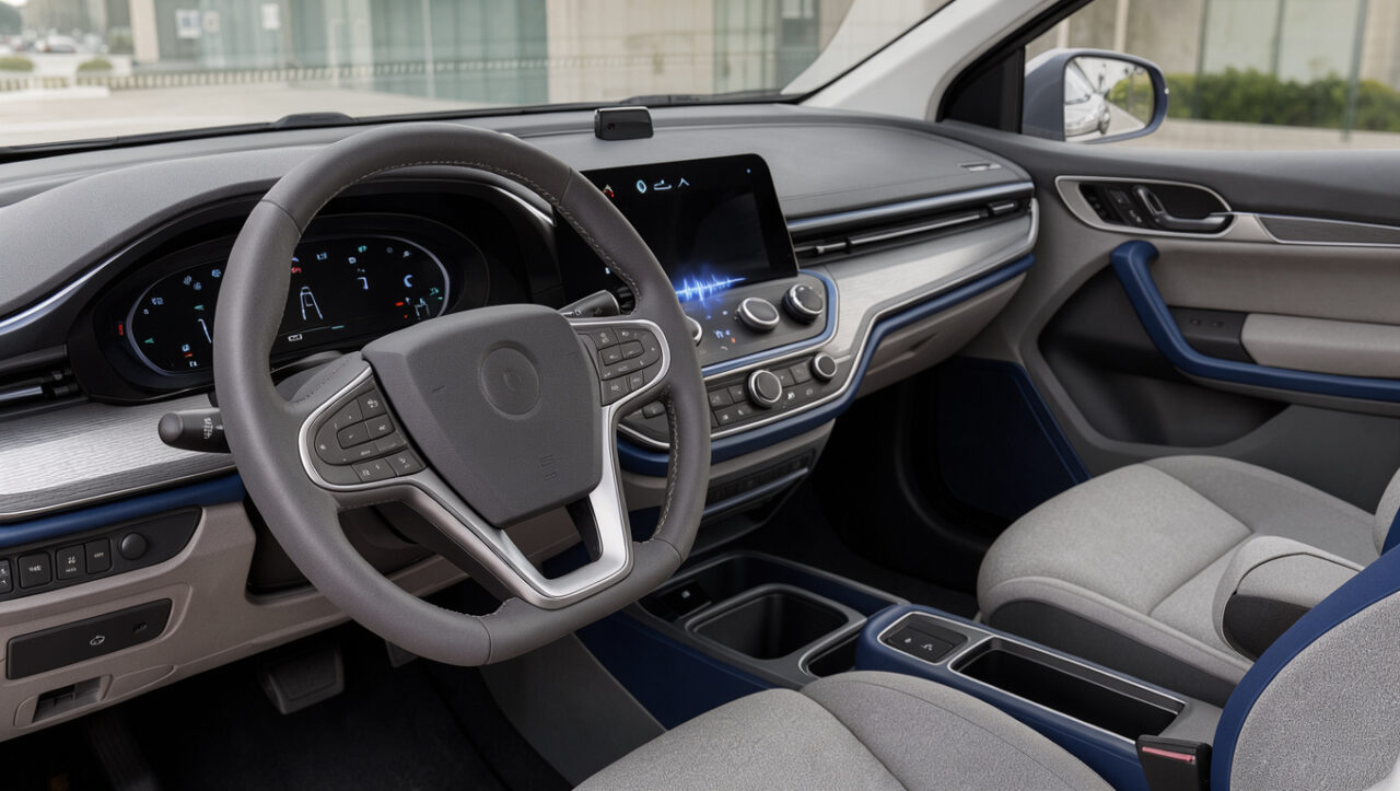 Intérieur moderne d’une voiture accessible avec commandes tactiles bien visibles, boutons ergonomiques et assistant vocal mains libres représenté par une onde lumineuse discrète.