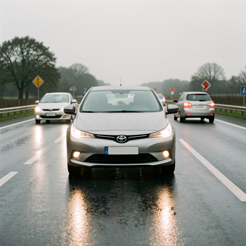 Voiture moderne roulant prudemment sur une route humide en maintenant une distance de sécurité avec les autres véhicules.