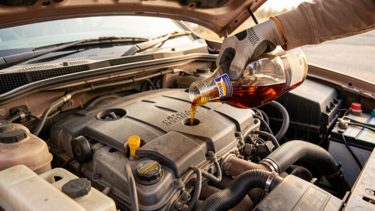 Gros plan sur un moteur automobile ouvert, avec une main gantée vérifiant la jauge et ajoutant soigneusement de l’huile moteur.