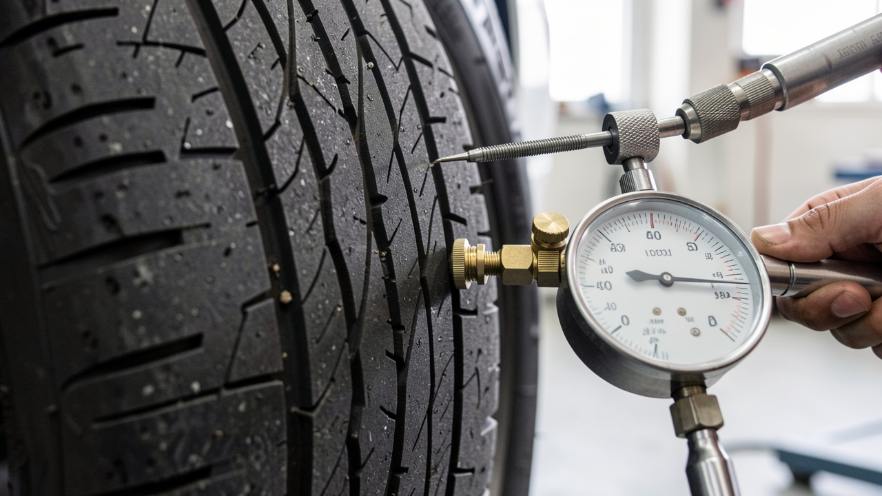 Gros plan sur un pneu automobile contrôlé avec une jauge de profondeur et un manomètre dans un atelier propre.