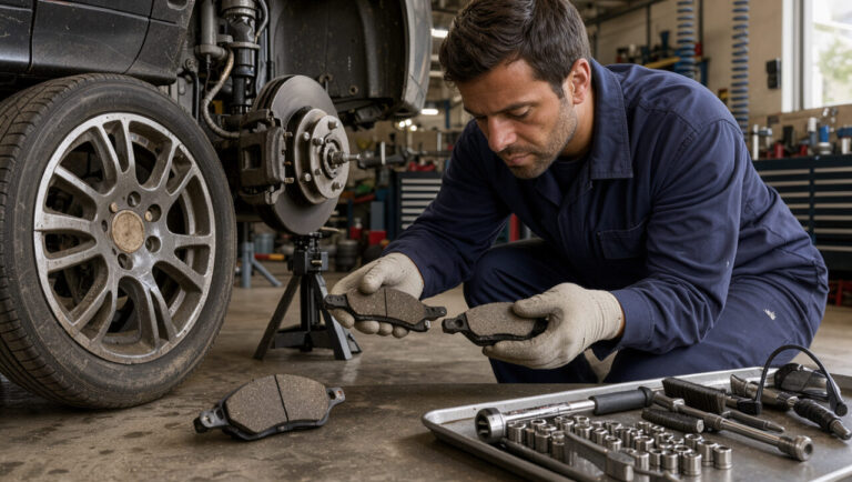 Mécanicien automobile inspectant une plaquette de frein usée à côté d’une plaquette neuve dans un atelier.