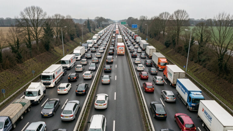 Vue aérienne d’une autoroute embouteillée où les véhicules forment correctement un couloir central pour laisser passer les secours.