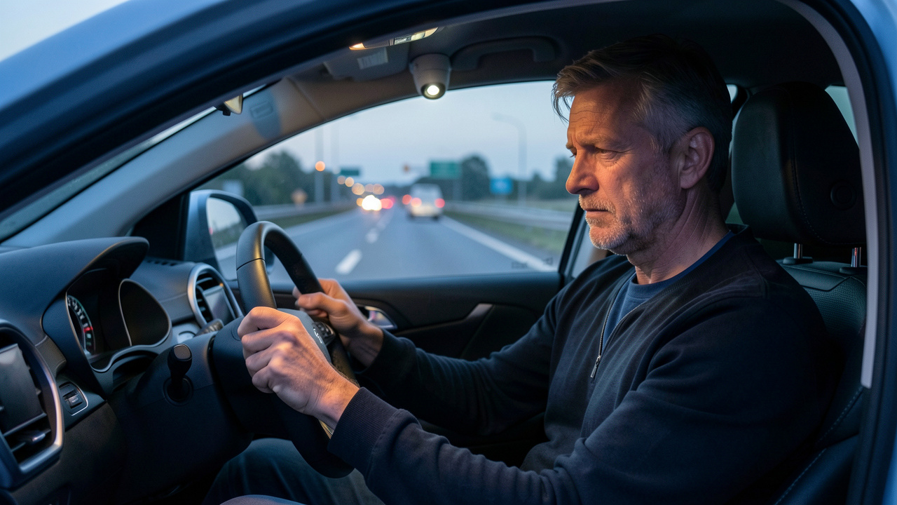 Un homme conduit une voiture moderne à l’aube tandis qu’un système discret surveille sa vigilance et suggère une pause de sécurité.