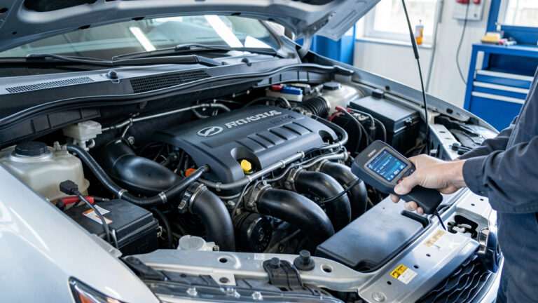 Scanner de diagnostic automobile connecté au moteur d’une voiture d’occasion dans un garage professionnel, illustrant une inspection technique pour renforcer la sécurité.