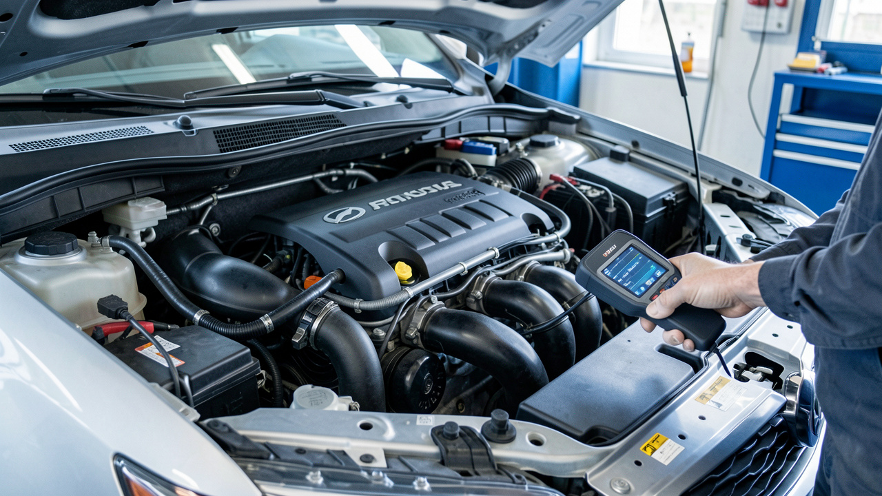 Scanner de diagnostic automobile connecté au moteur d’une voiture d’occasion dans un garage professionnel, illustrant une inspection technique pour renforcer la sécurité.