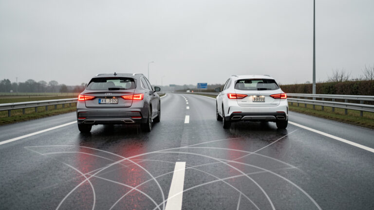 Deux voitures modernes circulent prudemment sur une route mouillée, avec une distance de sécurité clairement visible entre elles.