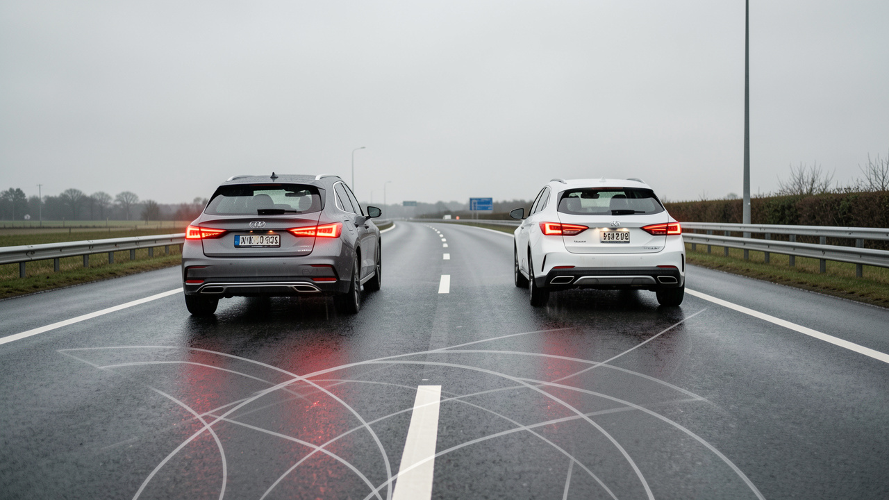 Deux voitures modernes circulent prudemment sur une route mouillée, avec une distance de sécurité clairement visible entre elles.