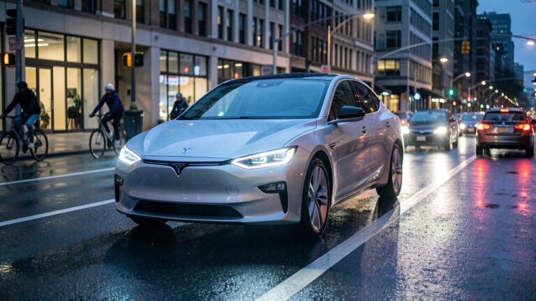 Voiture électrique moderne équipée de phares LED adaptatifs éclairant une route urbaine humide et améliorant la visibilité des usagers.