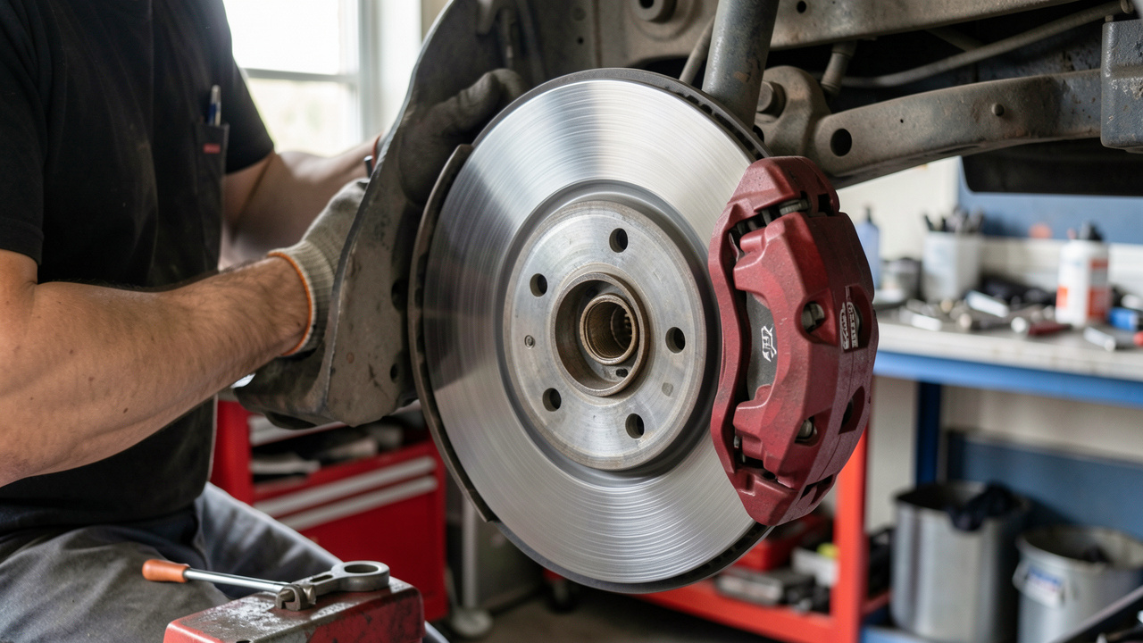 Gros plan sur des disques et étriers de frein automobile de haute qualité inspectés dans un atelier propre, illustrant l’entretien et la sécurité routière.