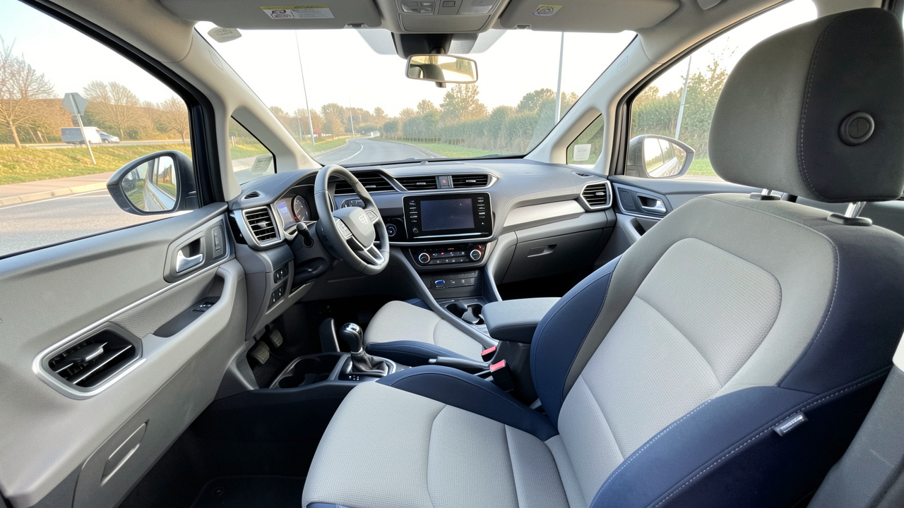 Intérieur moderne d’une voiture ergonomique montrant un siège bien réglé, des commandes accessibles et une vue dégagée pour une conduite plus sûre.
