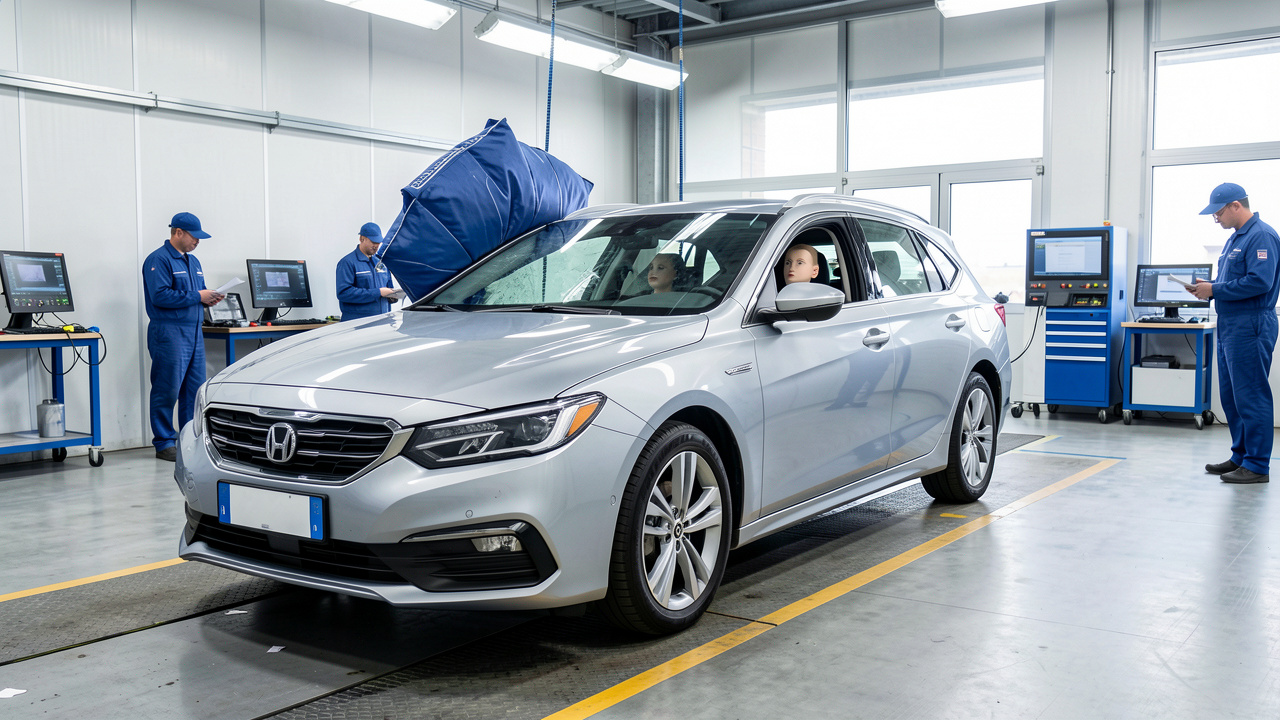 Voiture familiale moderne soumise à une évaluation de sécurité dans un laboratoire automobile lumineux, avec mannequins de crash-test et airbags déployés.