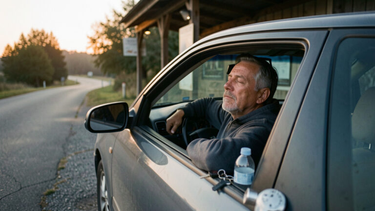 Un homme fatigué se repose dans une voiture garée près d’une aire de repos, illustrant l’importance des pauses et de la vigilance au volant.