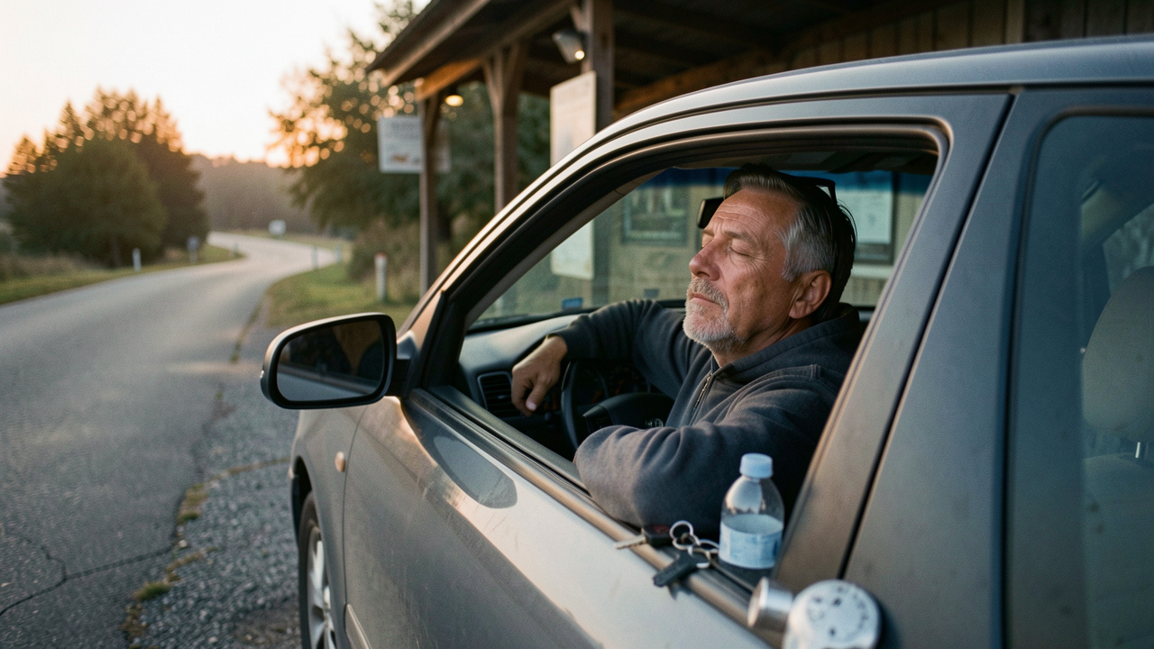 Un homme fatigué se repose dans une voiture garée près d’une aire de repos, illustrant l’importance des pauses et de la vigilance au volant.