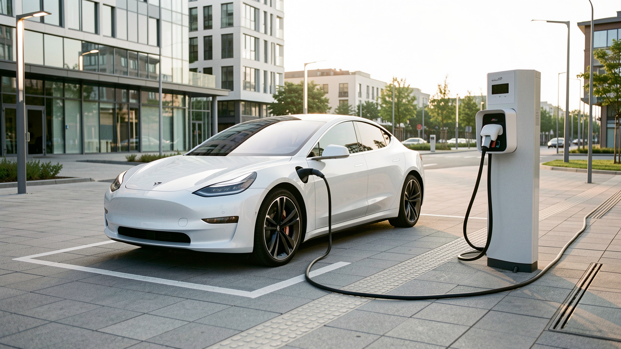 Voiture électrique en charge sur une borne accessible installée dans un espace urbain dégagé et sécurisé.