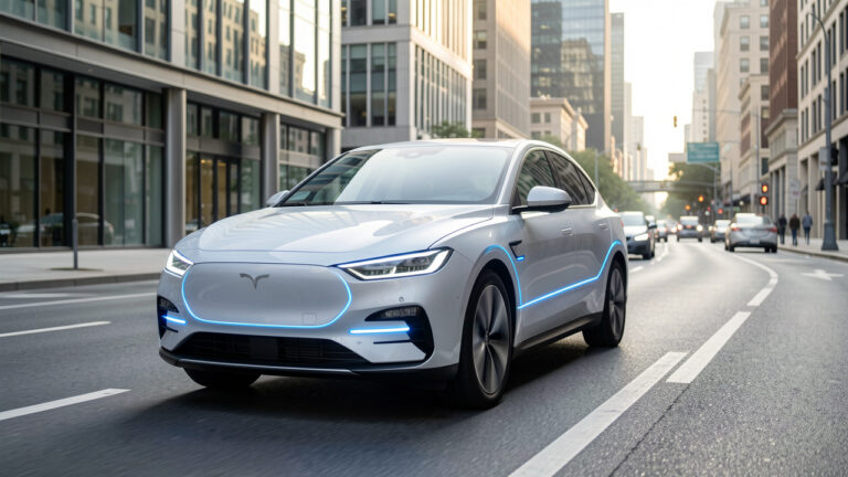 Voiture électrique moderne équipée de capteurs et de systèmes d’éclairage intelligents, roulant dans une avenue urbaine propre sous une lumière matinale douce.