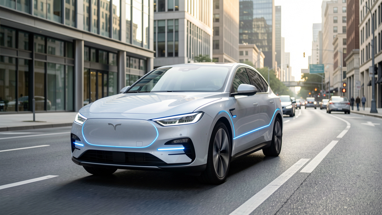 Voiture électrique moderne équipée de capteurs et de systèmes d’éclairage intelligents, roulant dans une avenue urbaine propre sous une lumière matinale douce.