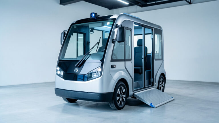 Navette électrique moderne équipée d’une rampe d’accès, de capteurs avancés et de dispositifs de sécurité pour une mobilité accessible.