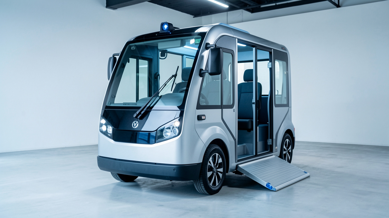 Navette électrique moderne équipée d’une rampe d’accès, de capteurs avancés et de dispositifs de sécurité pour une mobilité accessible.