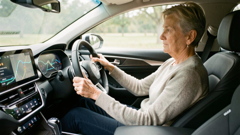Femme d’âge mûr à mobilité réduite conduisant une voiture moderne équipée de commandes adaptées et d’un système de navigation visuel simplifié.