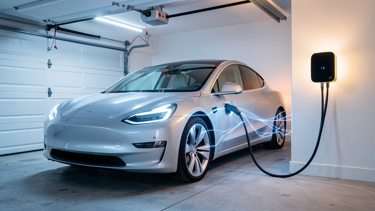 Voiture électrique branchée à une borne murale dans un garage propre, avec un éclairage évoquant une recharge efficace.