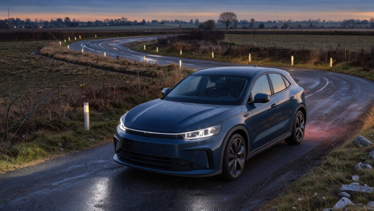 Voiture moderne roulant sur une route sinueuse au crépuscule, éclairée par des phares LED matriciels qui illuminent précisément les virages et les abords.