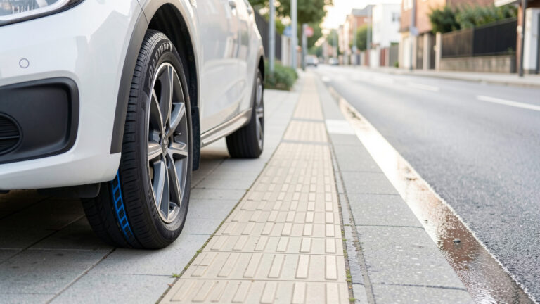 Pneu automobile moderne près d’un véhicule compact, dans un environnement urbain accessible avec une rampe de trottoir et un sol humide reflétant la lumière.