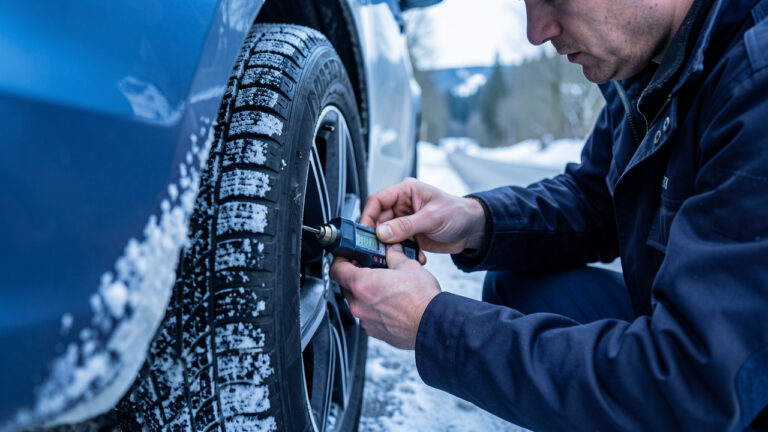 Un technicien automobile mesure la profondeur de la bande de roulement d’un pneu hiver sur une voiture, avec une route enneigée en arrière-plan.