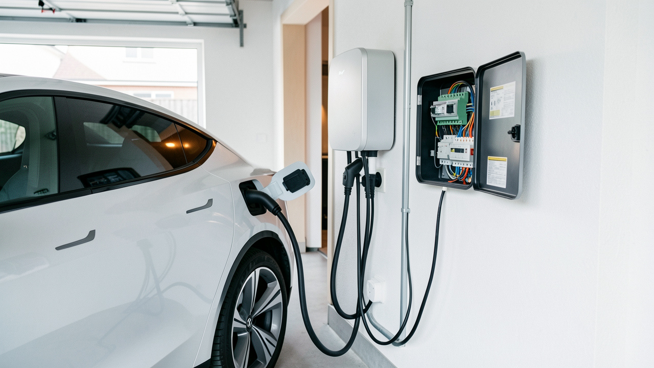 Voiture électrique en charge dans un garage moderne avec une wallbox, une prise domestique reliée à la terre et un tableau électrique équipé de protections.