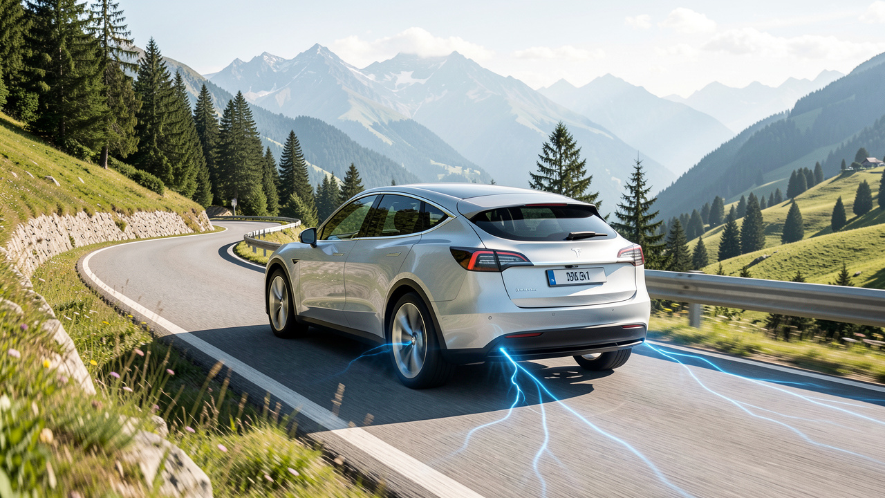 Voiture électrique moderne descendant une route de montagne, avec un flux lumineux bleu symbolisant la récupération d’énergie au freinage.