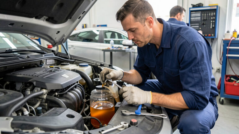 Technicien automobile contrôlant et remplaçant le liquide de frein dans un atelier moderne.