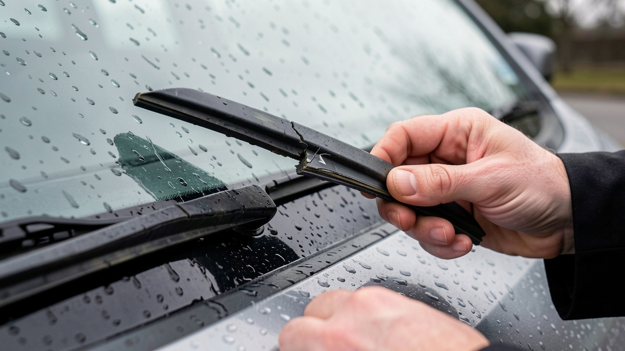 Mains d’un homme inspectant une lame d’essuie-glace usée, avec du caoutchouc fissuré, près d’une voiture sous la pluie.