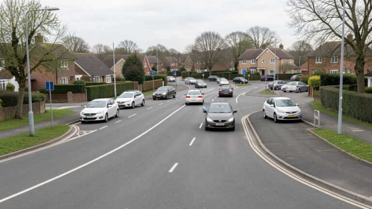 Rond-point urbain avec plusieurs voitures circulant prudemment, une voiture indiquant sa sortie et respectant les règles de priorité.