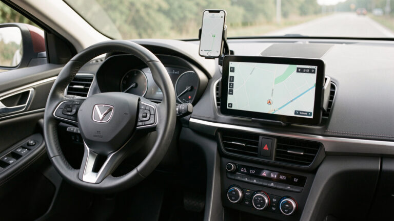 Intérieur moderne d’une voiture garée avec un smartphone fixé sur un support de tableau de bord et des commandes mains libres, illustrant la conduite sans distraction.