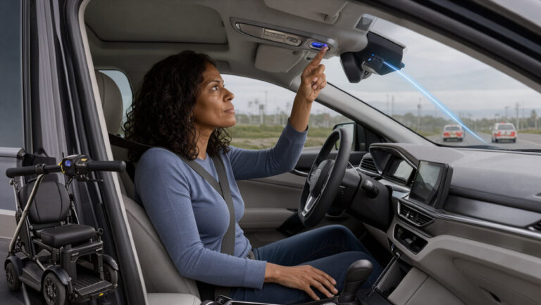 Une femme utilisant une aide à la mobilité active calmement le bouton d’assistance d’urgence intégré dans une voiture moderne.