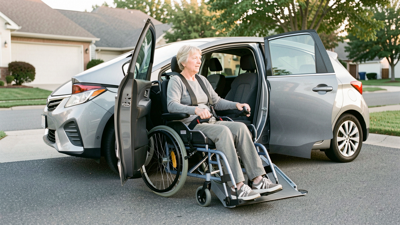 Une femme en fauteuil roulant utilise une rampe latérale et des équipements adaptés pour entrer dans une voiture moderne.
