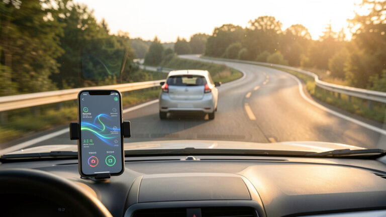 Voiture moderne roulant sur une route sinueuse avec un smartphone affichant une interface abstraite de suivi de conduite, entourée de lueurs bleues et vertes.