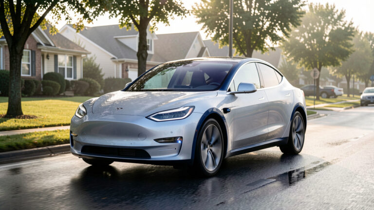 Voiture moderne équipée de capteurs intelligents et de systèmes avancés d’aide à la conduite circulant en toute sécurité sur une route de banlieue.