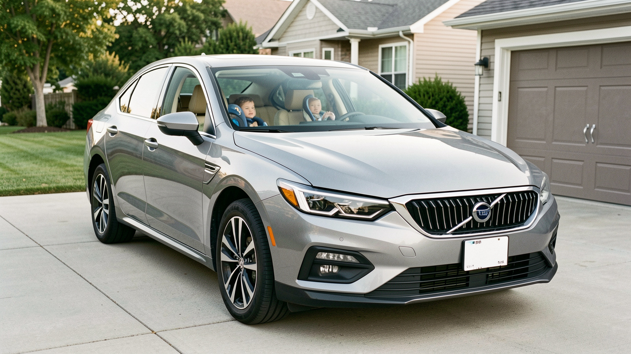 Voiture familiale moderne équipée de sièges enfants et de technologies de sécurité et de confort, garée dans une allée résidentielle lumineuse.