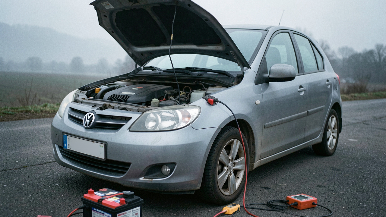 Batterie de voiture testée avec un multimètre, présentant de légers signes d’usure sous le capot ouvert.