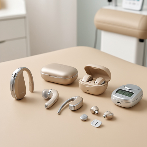 Collection de différents modèles d'appareils auditifs modernes présentés avec un boîtier de recharge et des accessoires.
