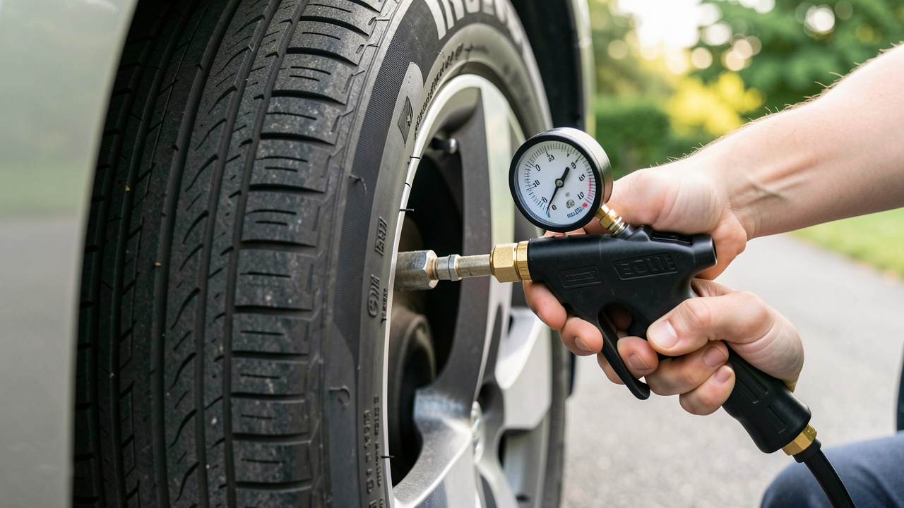 Gros plan sur un pneu automobile contrôlé avec un manomètre et un gonfleur portatif dans une allée bien entretenue.