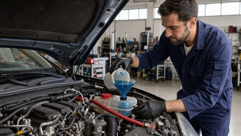 Un homme vérifie le niveau du liquide de refroidissement et remplit le réservoir d’un moteur de voiture dans un atelier.